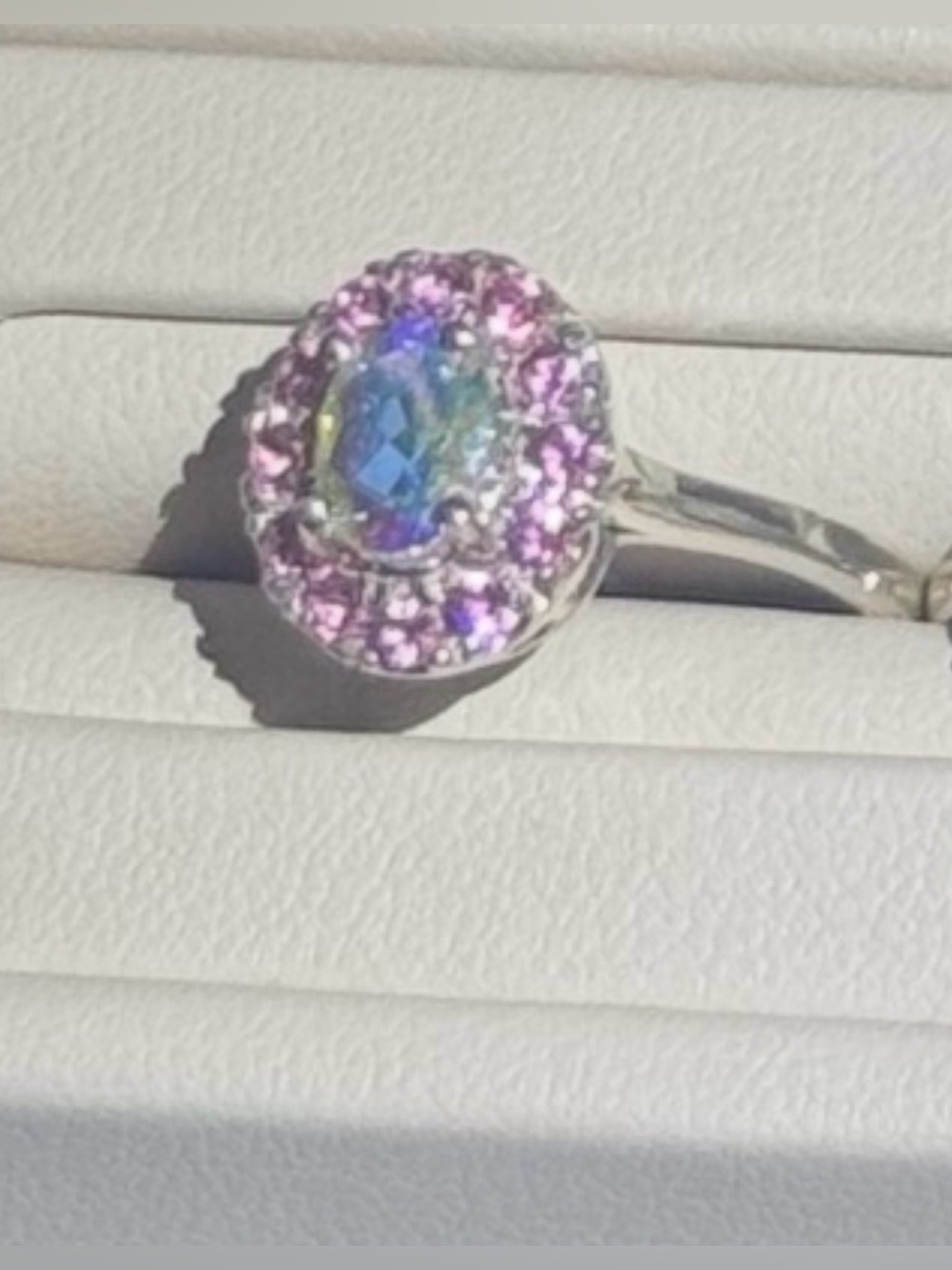 Aurora Crystal Oval Halo Ring with Pink Accents
